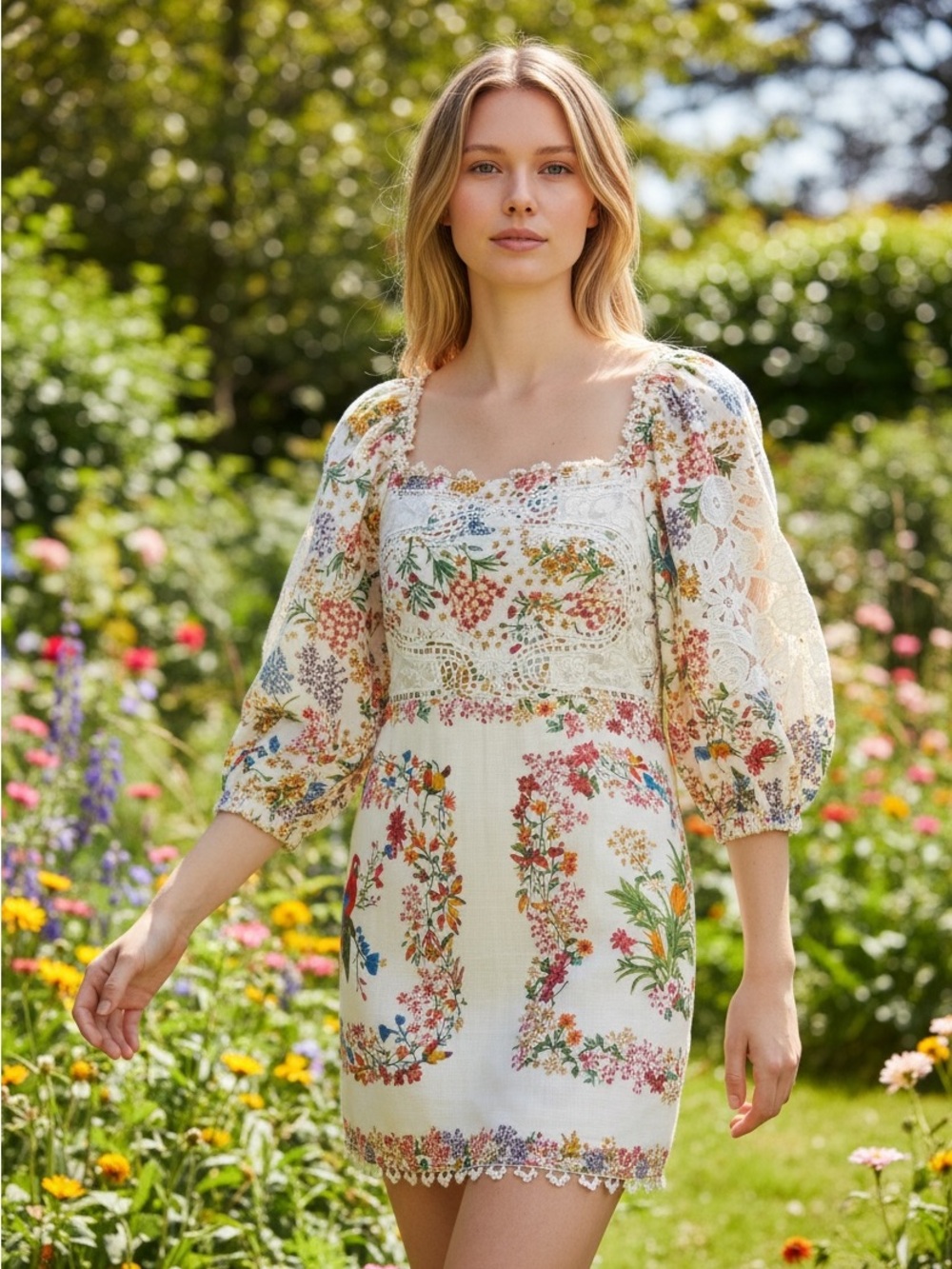 FARM Rio Floral White Mini Dress with Lace